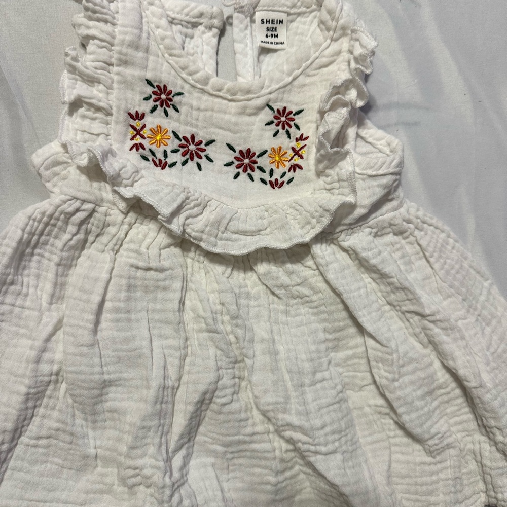 SHEIN White Ruffled Kids Dress with Floral Embroidery